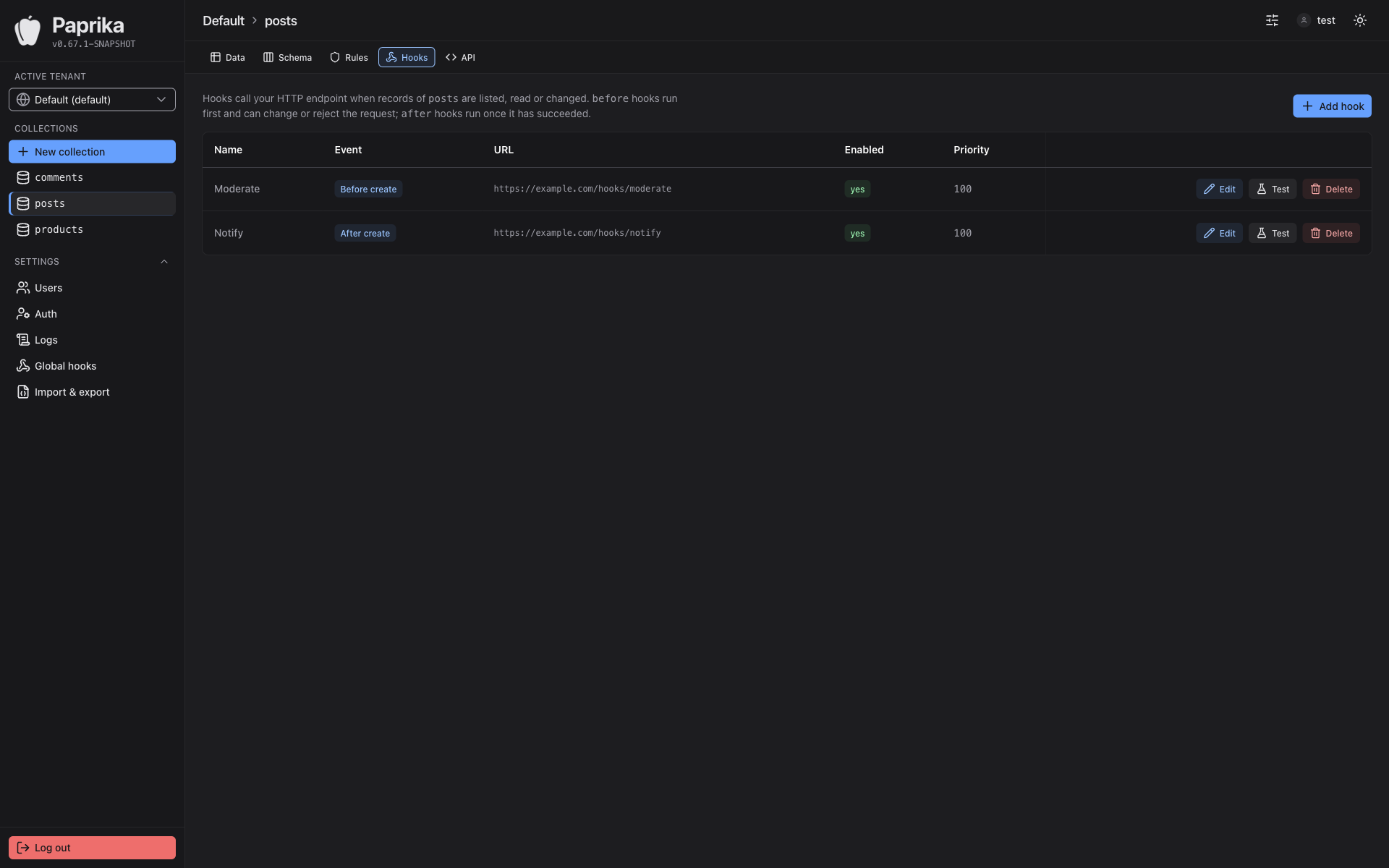 Paprika Admin-UI: Webhooks