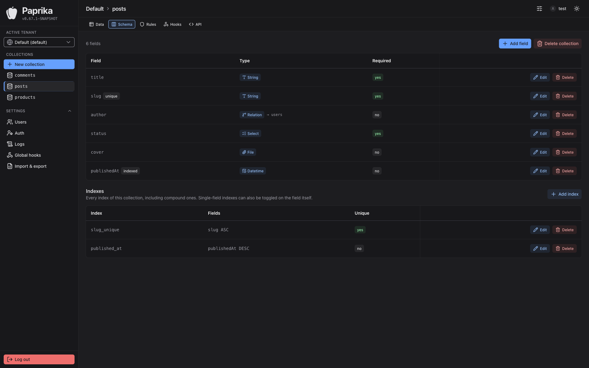 Paprika Admin-UI: Collection-Schema